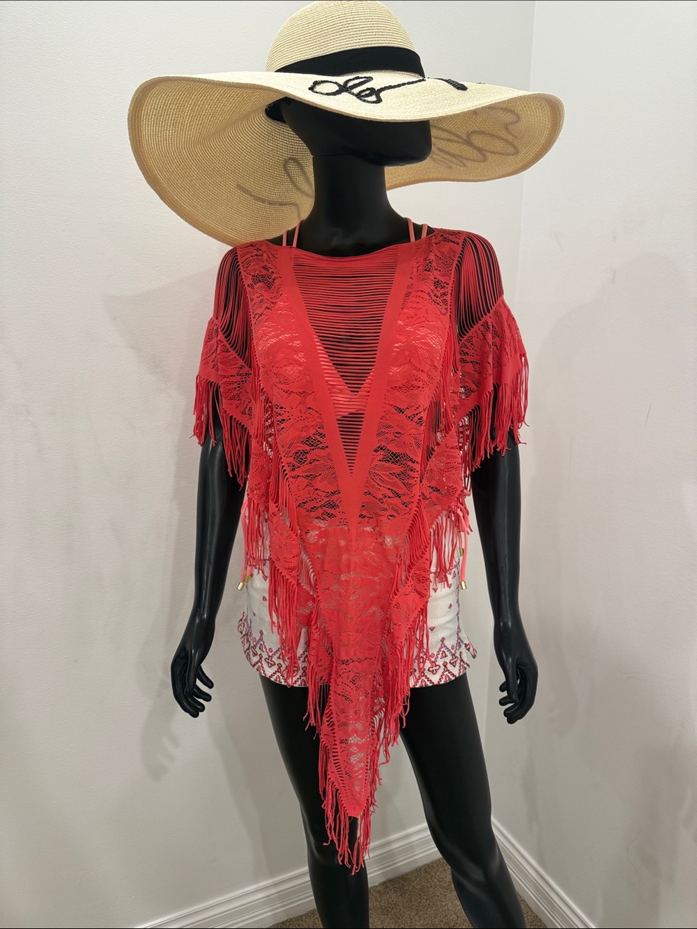 Beach Bunny Neon Coral Fringe Lace Swim Cover Up Poncho OS NEW